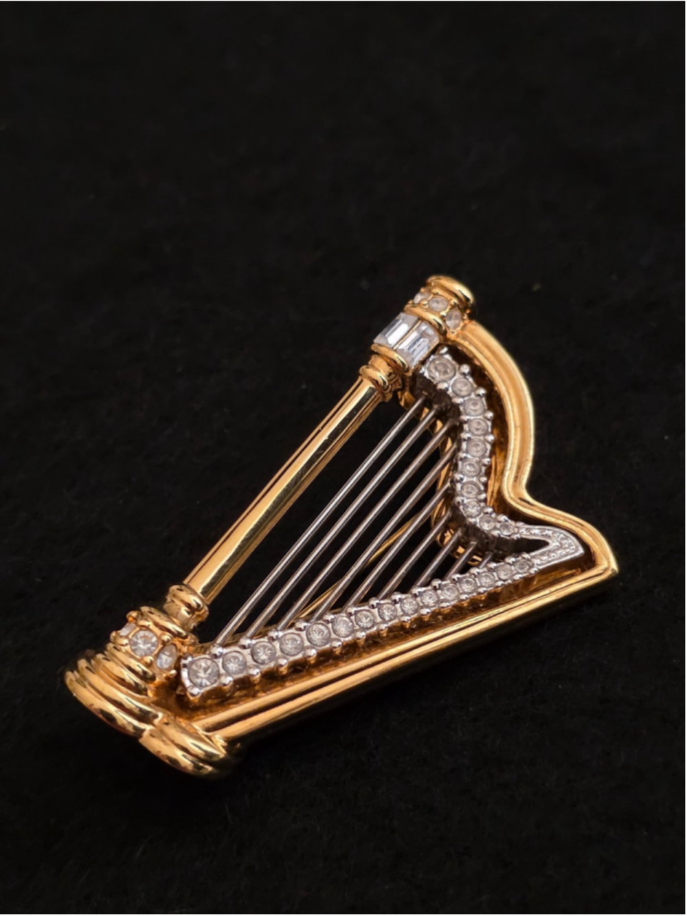 Vintage 80s Swarovski Gold-Tone "Harp" Pave Crystal Figural Brooch
